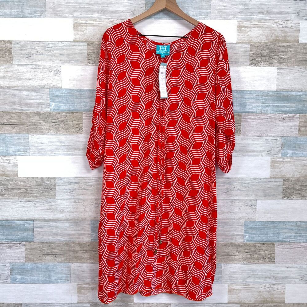 Escapada Annie 3/4 Sleeve Dress Orange White Tie Waist Casual Womens Medium